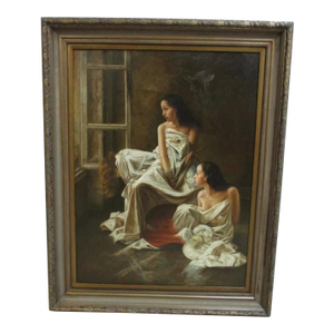 1980s Large Timeless Treasures Gold Gilt Carved Bathing Ladies Women Oil Painting