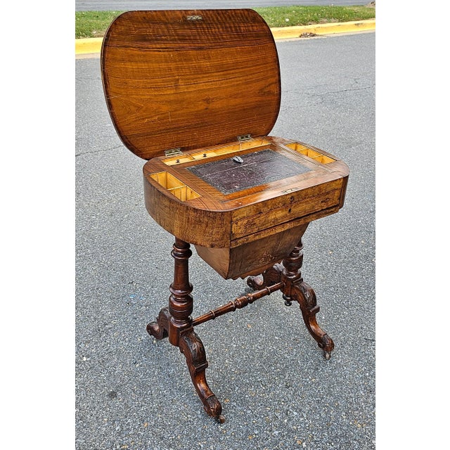 Victorian 19th Century Victorian Marquetry Burl Walnut Sewing Table For Sale - Image 3 of 11