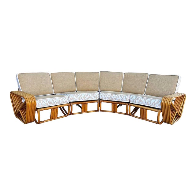 1940s Restored 6-Strand Square Pretzel Rattan Corner Sectional Sofa For Sale