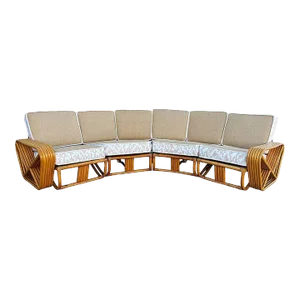 1940s Restored 6-Strand Square Pretzel Rattan Corner Sectional Sofa