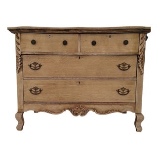 Antique French Victorian Natural Tiger Oak Dresser With Carved Detailing For Sale