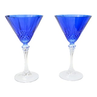 Vintage Blue Crystal-Cut Flutes, S/2 For Sale