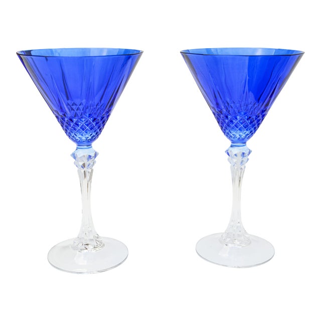 Vintage Blue Crystal-Cut Flutes, S/2 For Sale