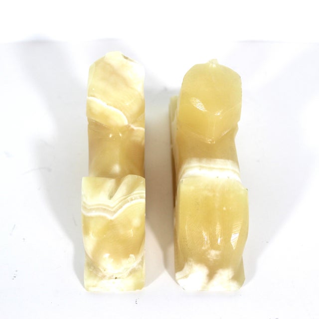 Pair of Vintage Carved Alabaster Sphinx Shelf or Coffee Table Styling Onyx Bookends For Sale - Image 4 of 9