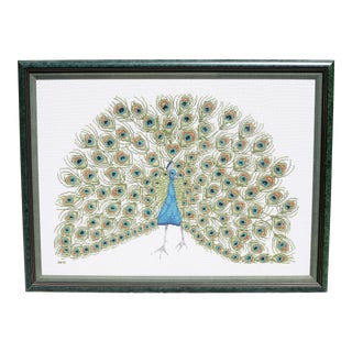 Large Vintage Needlepoint Peacock in Green Frame For Sale