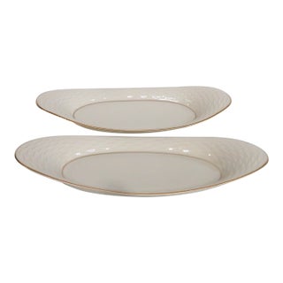 Mid 20th Century Lenox China Bread Tray Pair of 2 Porcelain Serving Platters With Gold Trim For Sale