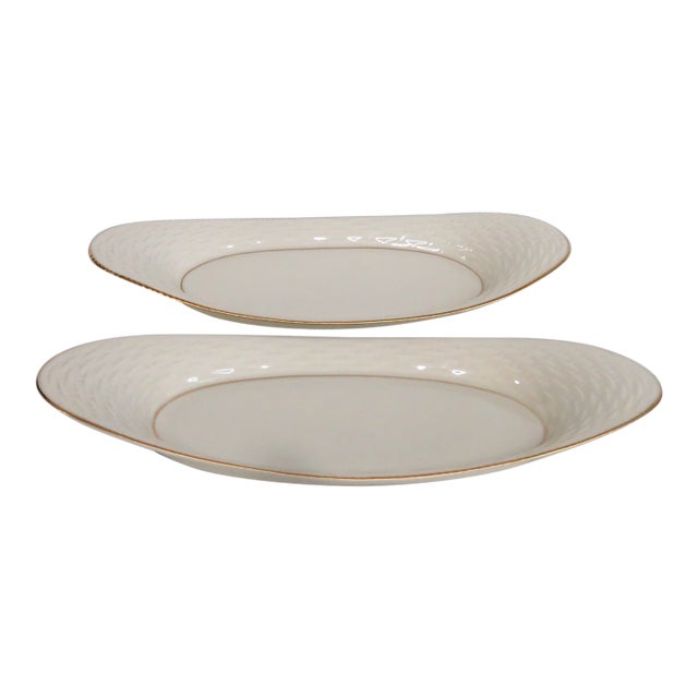 Mid 20th Century Lenox China Bread Tray Pair of 2 Porcelain Serving Platters With Gold Trim For Sale