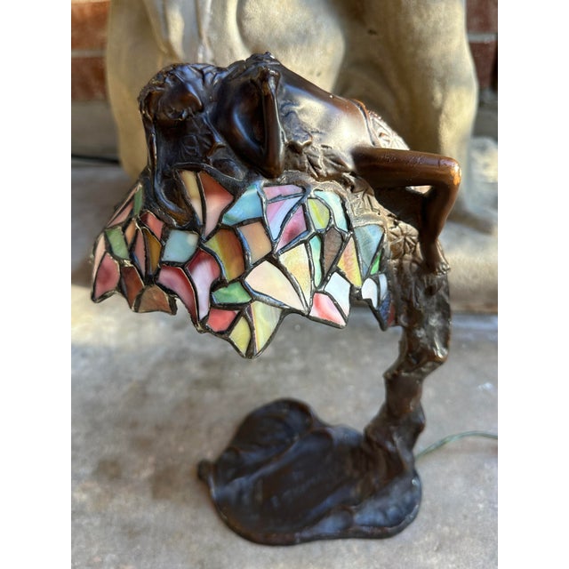 Antique Art Nouveau E. Thomasson “Daphne” Bronze Figural Table Lamp – Art Nouveau Lady W/ Stained Glass Shade For Sale - Image 4 of 12