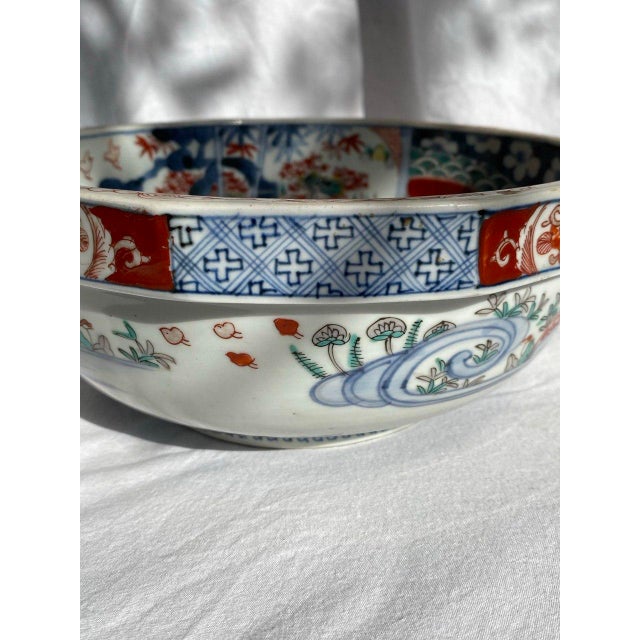Large 19th Century Japanese Imari Octagonal Bowl With Karashishi & Landscape Panels For Sale - Image 10 of 18