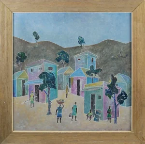 1990s "A Break in Reality" Abstract Village Scene Tempera Painting, Framed