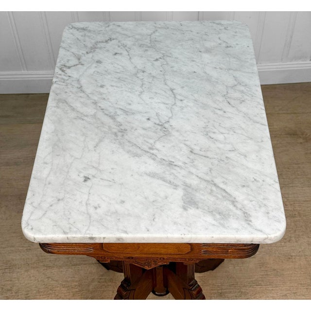 Antique Eastlake Victorian Walnut Marble Top Rectangle Parlor Table For Sale - Image 9 of 16