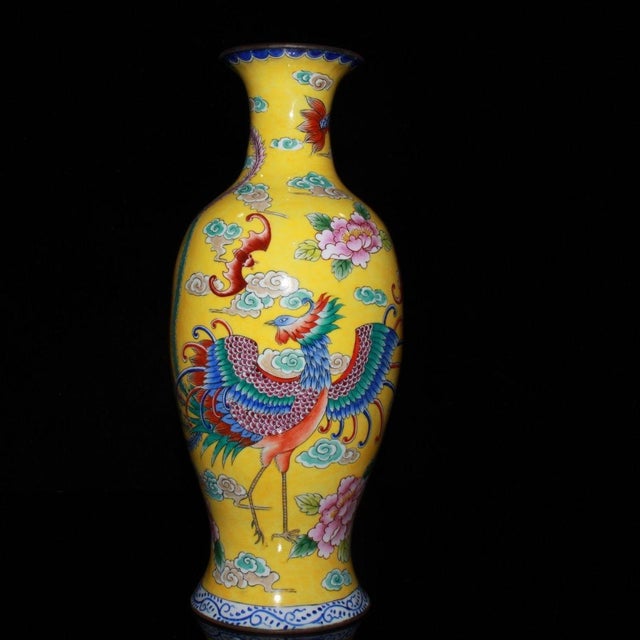 Chinese Vintage Chinese Gilt Copper Enamel "Dragon & Phoenix" Vase, Qianlong Mark - 615g For Sale - Image 3 of 9