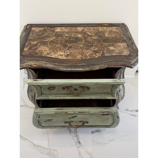 Vintage French Provincial Distressed Green Bombe Chest of Drawers With Marble Top For Sale - Image 4 of 8