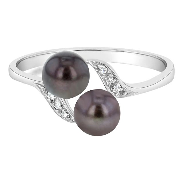 Cultured Black Pearl Diamond Ring 14k White Gold, Size 4 For Sale