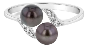 Cultured Black Pearl Diamond Ring 14k White Gold, Size 4