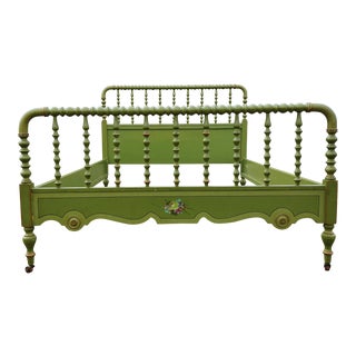 Antique Stihl Custom Farmhouse Painted Green Floral Bed Frame For Sale