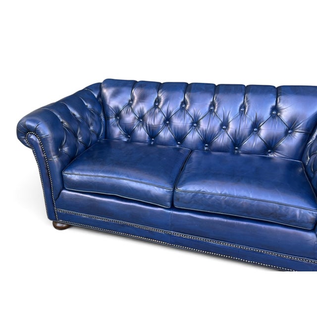 English Vintage Chesterfield Navy Blue Tufted Leather Loveseat W/ Brass Trim For Sale - Image 3 of 16