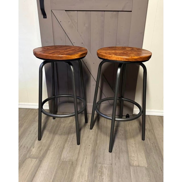 Industrial, Rustic, Contemporary Cherry Bronze Bar Stools. Richly patterned cherry wood brings warmth to this pair of...