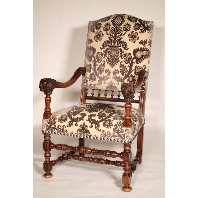 Baroque Pair of Louis XIV Style Walnut Armchairs With Lion Carved Arms For Sale - Image 3 of 12