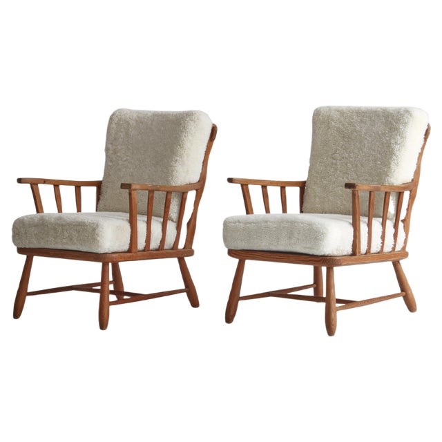 Set of Pinewood & Sheepskin Lounge Chairs, Sweden, 1940s For Sale