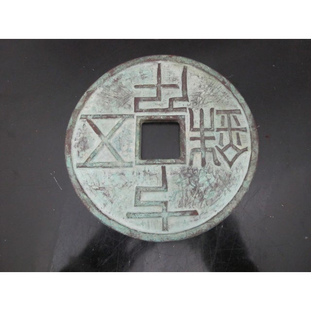 Large Chinese Bronze Antique Cash Coin Trivet With Carved Wood Stand For Sale - Image 9 of 11