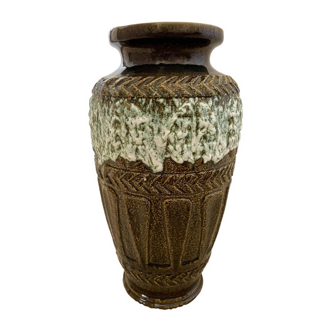 Mid-Century Modern MCM Bay Keramik W. Germany Lava Glaze Pottery Vase 16” Brown Green 72•40 For Sale - Image 3 of 7