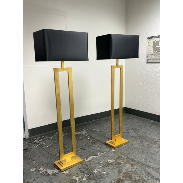 Postmodern Restoration Hardware Clarke Open Brass Rectangle Floor Lamps, Pair For Sale - Image 3 of 12