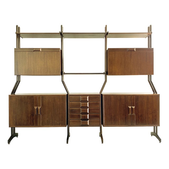 Mid-Century Italian Modern Free-Standing Bookshelf in Wood and Brass, 1960s For Sale