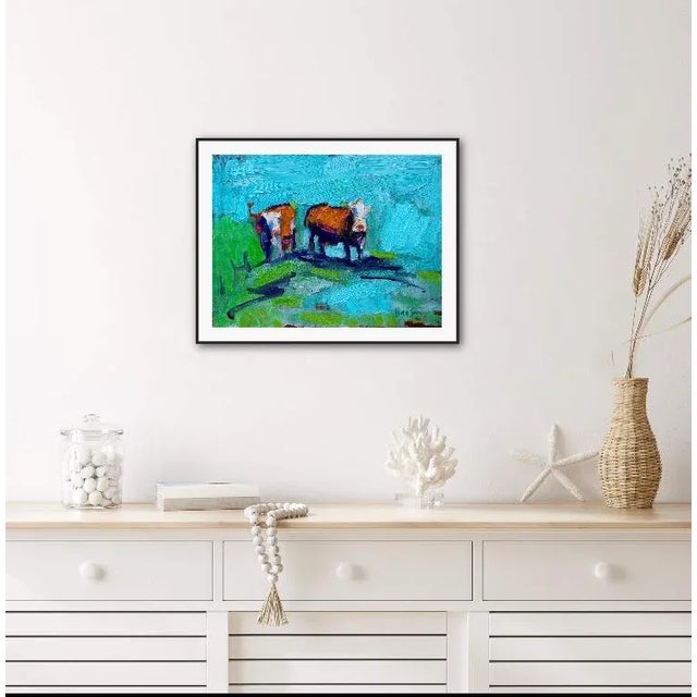 Textile Two Cows, Abstract Cow Oil Painting For Sale - Image 7 of 9