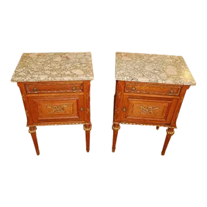 Early 20th Century French Louis XVI Style Oak Marble Top End Table Nightstands
