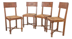 1940s French Carved Wood and Woven Chairs, Set of 4