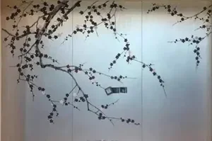 Plum Blossom Hand Painted Wallpaper on Silver Metallic Panel - 3 Pieces