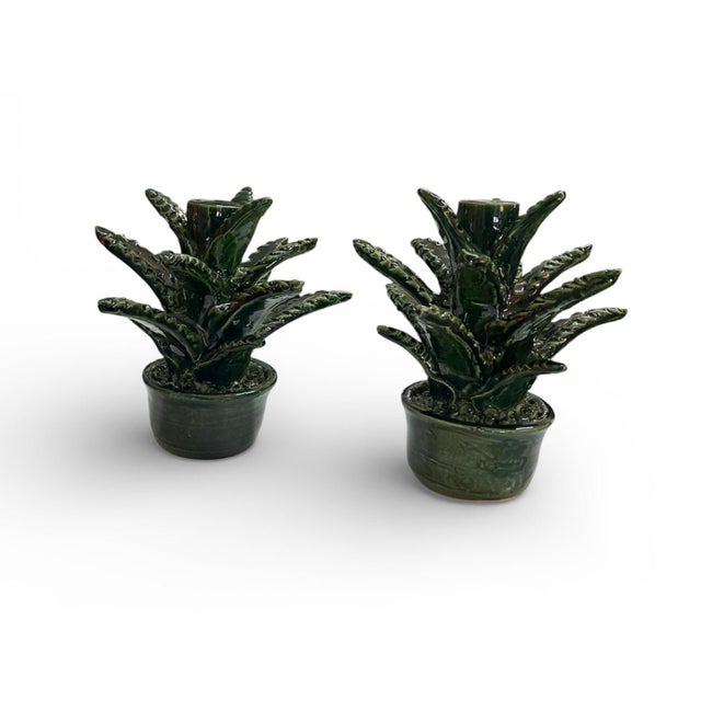 2020s Contemporary Moroccan Hand-Glazed Ceramic Succulent Taper Holders – Pair For Sale - Image 5 of 12