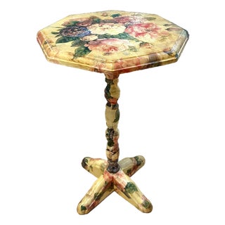 Vintage Maximalist All-Over Decoupage Octagonal Pedestal Accent Table For Sale