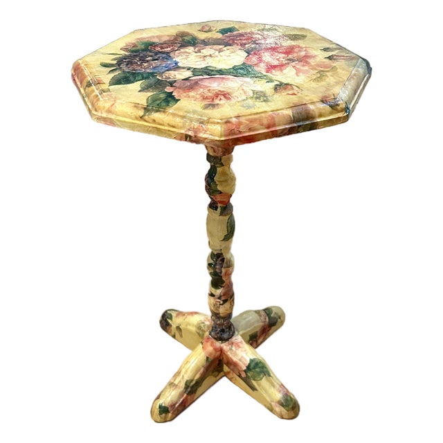 Vintage Maximalist All-Over Decoupage Octagonal Pedestal Accent Table For Sale