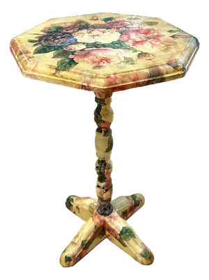 Vintage Maximalist All-Over Decoupage Octagonal Pedestal Accent Table