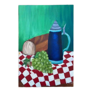 Midcentury Modern Original Painting of Still Life on Checkered Cloth