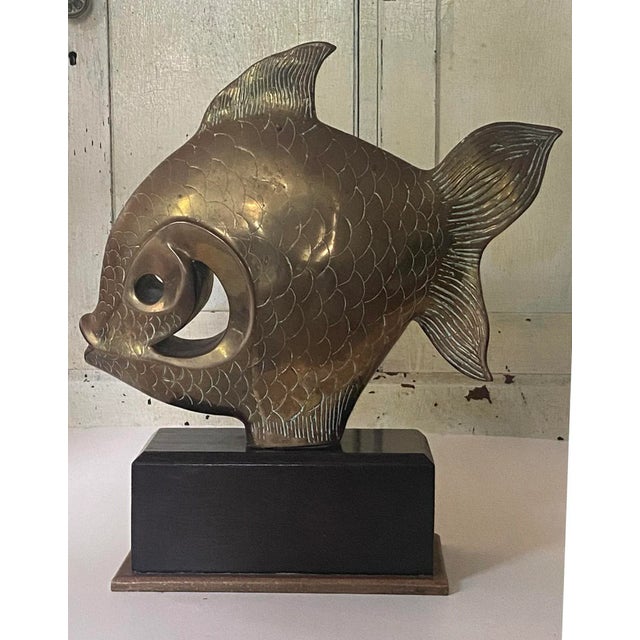 1980s Vintage 1980s Bronze or Brass Fish Sculpture on Wooden Base For Sale - Image 5 of 9