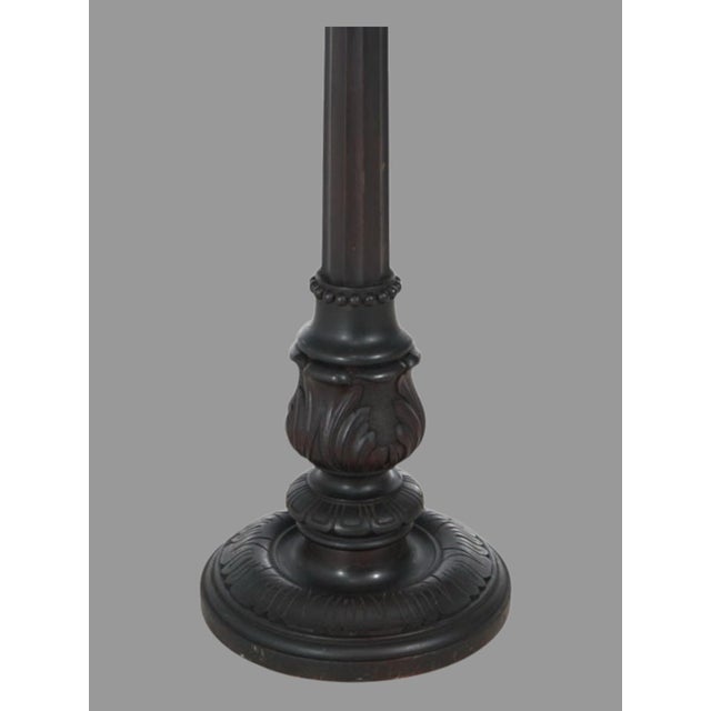 Wood Early 20th Century Mission Arts & Crafts Style Metal Framed Slag Glass Floor Lamp Carved Wood Base For Sale - Image 7 of 10