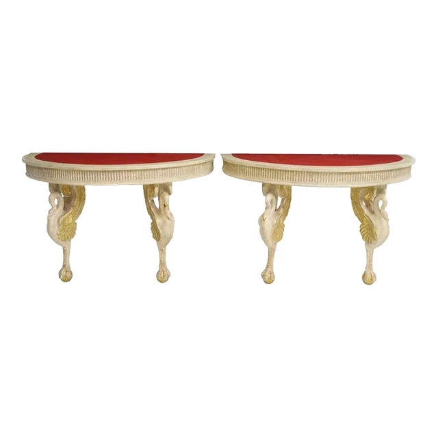 Hollywood Regency Glam Designer Carved Painted Swan Console Tables by Phyllis Morris - a Pair For Sale