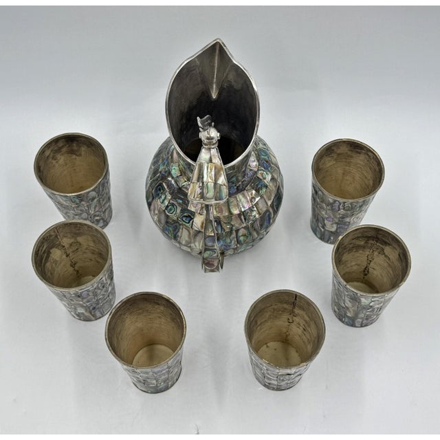 Emilia Castillo 1960s Mexican Alpaca Silver & Abalone Bird of Paradise Pitcher Set - 7 pcs For Sale - Image 4 of 18