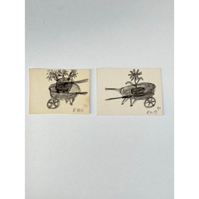 Folk Art Ree Brown Outsider Artist Tiny Flower Paintings a Pair 1994 For Sale - Image 3 of 6
