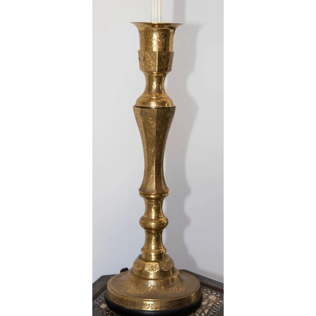 Vintage Polished Etched Brass Candle Holder Table Lamp India 1950 For Sale - Image 14 of 18