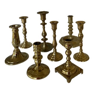Vintage Brass Candleholders Including Virginia Metal Crafters- 8 Pieces For Sale