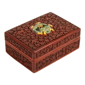 Late 19th Century Chinese Red Cinnabar Box With Carved Stone Dragon