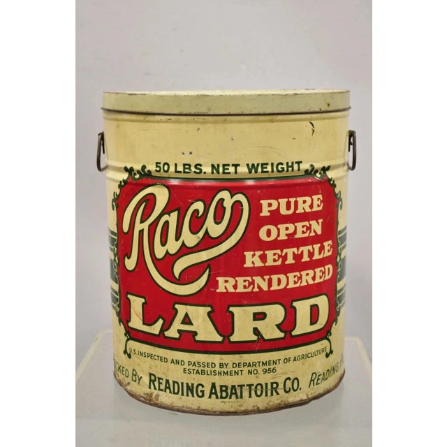 Vintage Raco 25 Lbs. Advertising Lard Tin Metal Can Reading Pa Twin Handles For Sale - Image 10 of 10