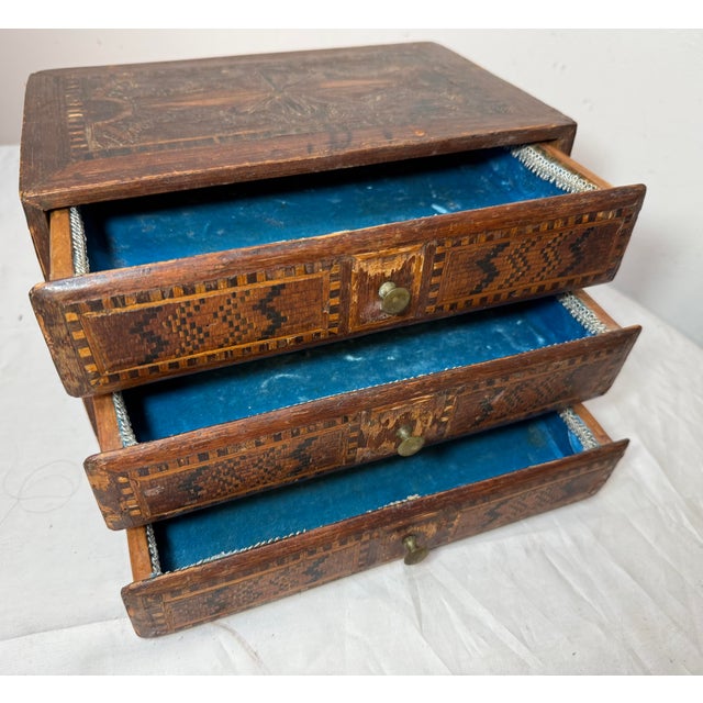 Antique 19th Century Handmade Wood Veneer Marquetry Jewelry Box Dresser Chest For Sale - Image 12 of 14