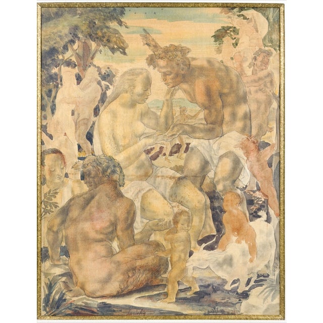 An evocative original watercolor and pencil on paper attributed to American artist Michael Sarisky (1906–1974), depicting...