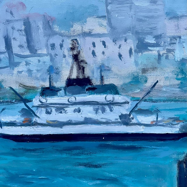 Wood Mid-Century San Diego Waterfront Oil Painting of Coronado Ferryboat, Signed & Framed For Sale - Image 7 of 10