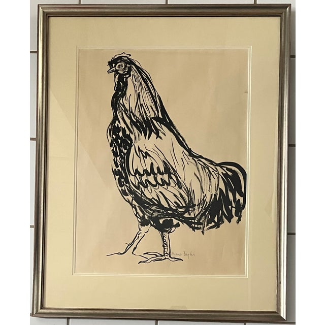 Mary Jane Bigler (American - mid 20th century) sumi brush ink drawing of a rooster or cockerel 1964. Beautifully framed...